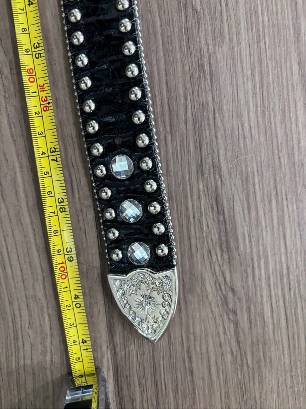 Black Studded Western Belt with Crystal-Embellished Buckle